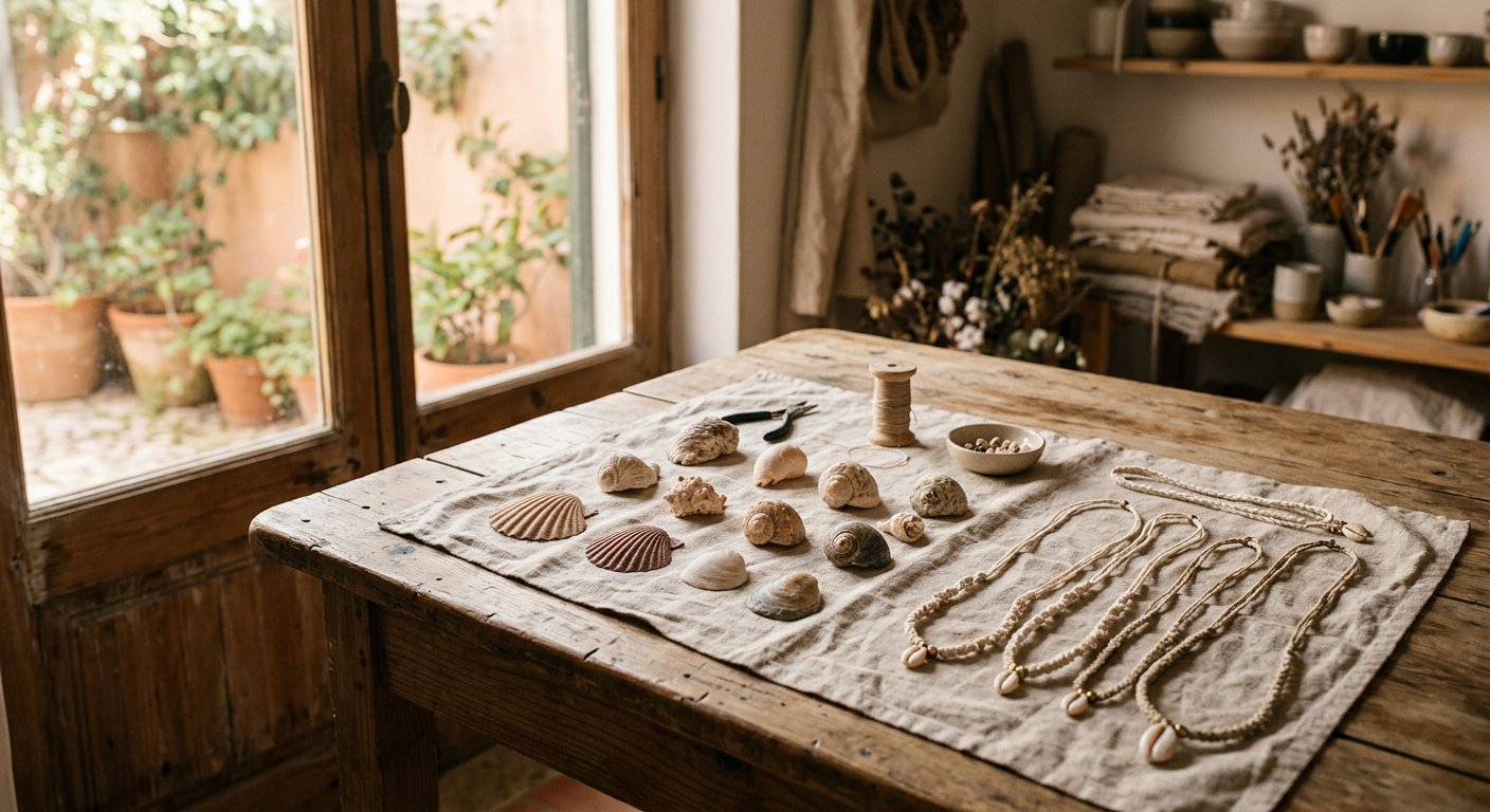Nigerian seashells and finished OMI pieces on an atelier table